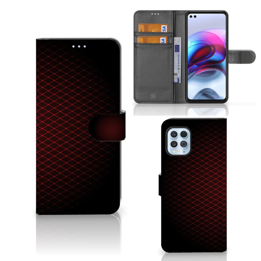 Motorola Moto G100 Telefoon Hoesje Geruit Rood met ruimte voor 3 pasjes en minimalistisch design.