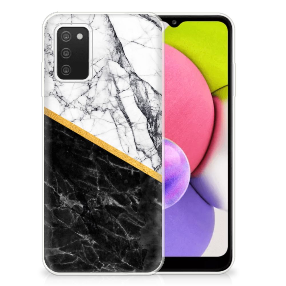 Samsung Galaxy A03S TPU Siliconen Hoesje Marmer Wit Zwart - Origineel Cadeau Man