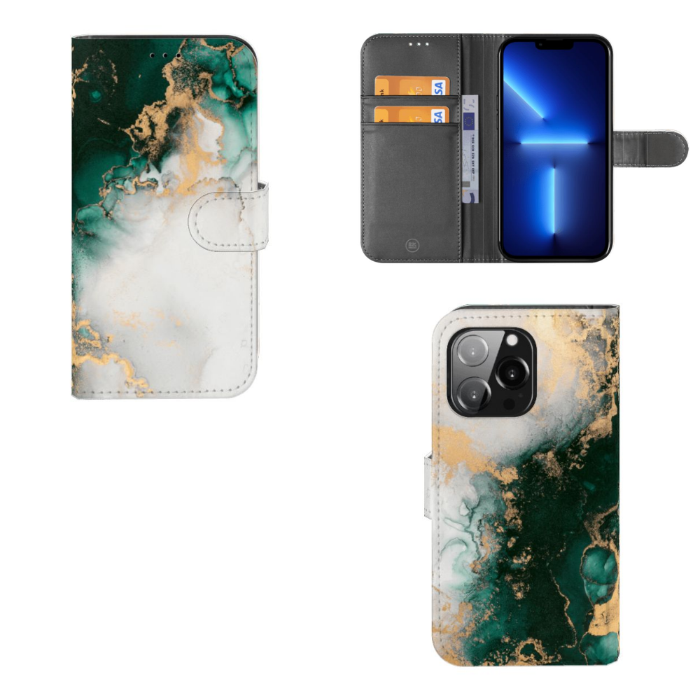 Bookcase voor iPhone 13 Pro Marmer Groen met elegant design en ruimte voor pasjes.