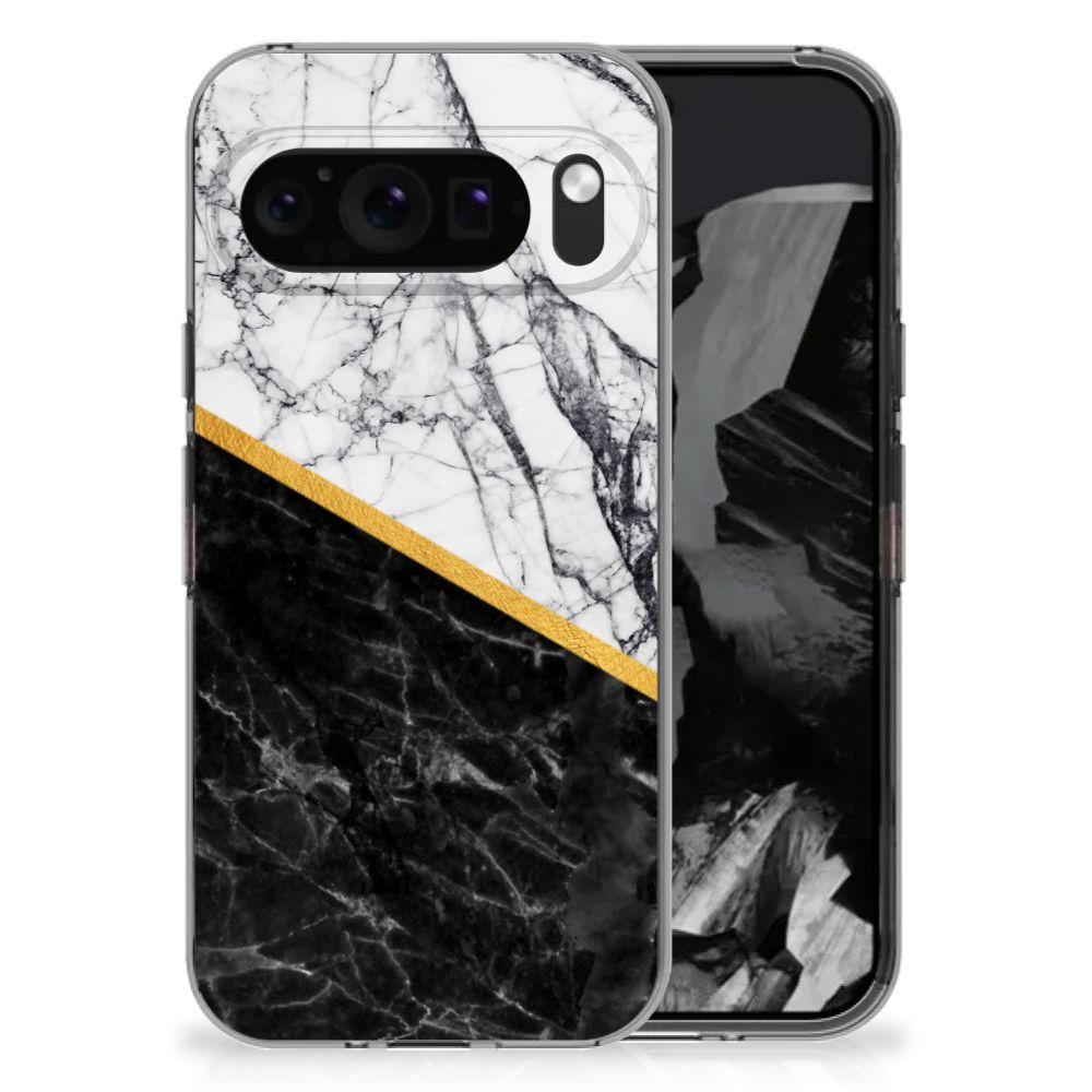 Google Pixel 9 Pro XL TPU Siliconen Hoesje Marmer Wit Zwart - Origineel Cadeau Man