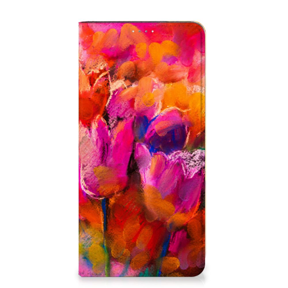 Bookcase Samsung Galaxy A14 5G Tulips design with colorful tulip artwork, perfect for stylish phone protection.