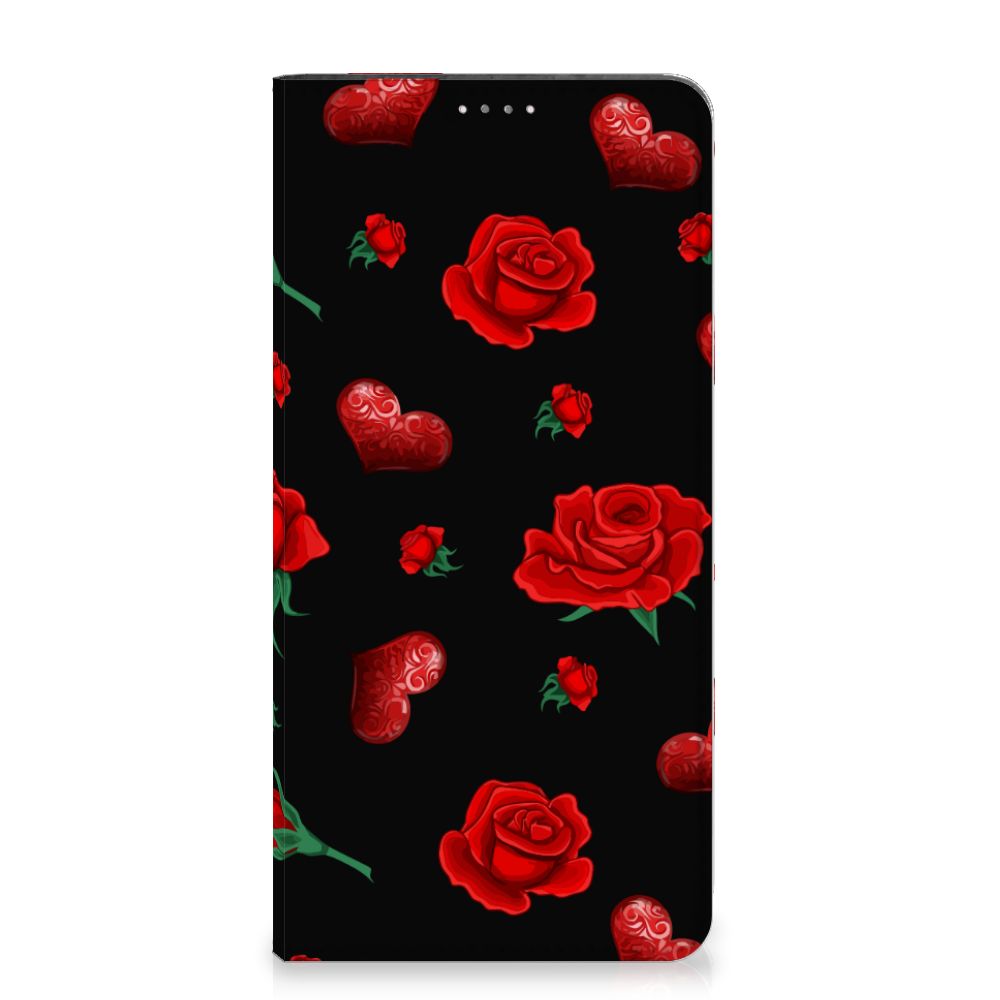 Samsung Galaxy A14 5G Magnet Case Valentine met rozen en hartjes op een zwarte achtergrond
