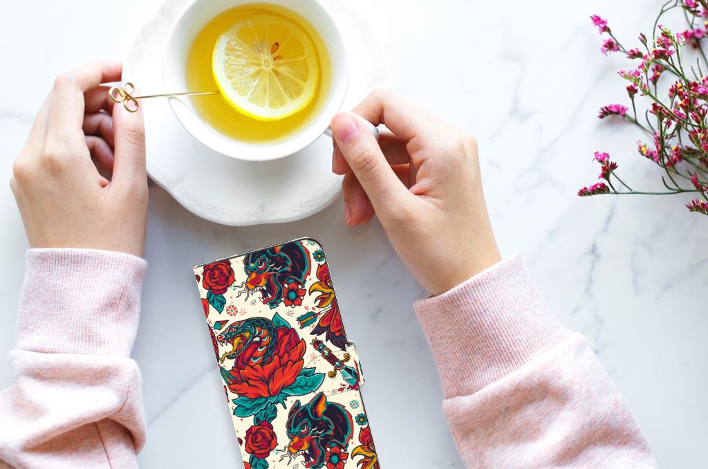 Telefoonhoesje met foto voor Samsung Galaxy A14 5G Old Skool met vintage tattoo design en een kop thee.