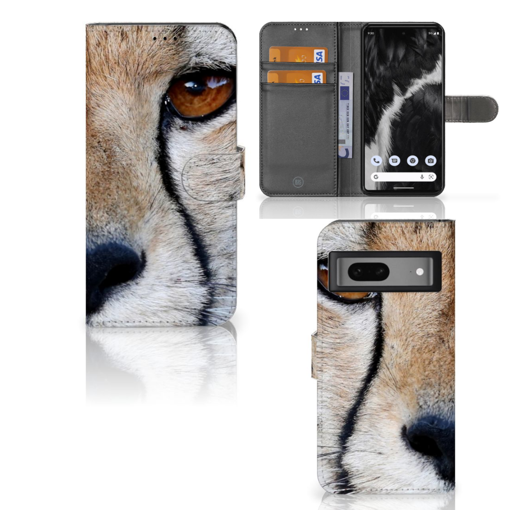 Google Pixel 7 Telefoonhoesje met Pasjes Cheetah met close-up van cheeta en ruimte voor 3 pasjes.