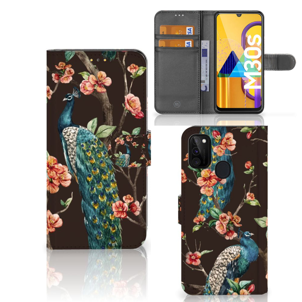 Samsung Galaxy M21 | M30s Telefoonhoesje met Pasjes Pauw met Bloemen