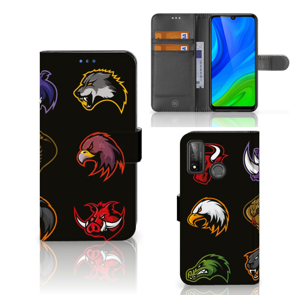 Huawei P Smart 2020 Leuk Hoesje Cartoon met kleurrijke dierenlogo's op zwart design.