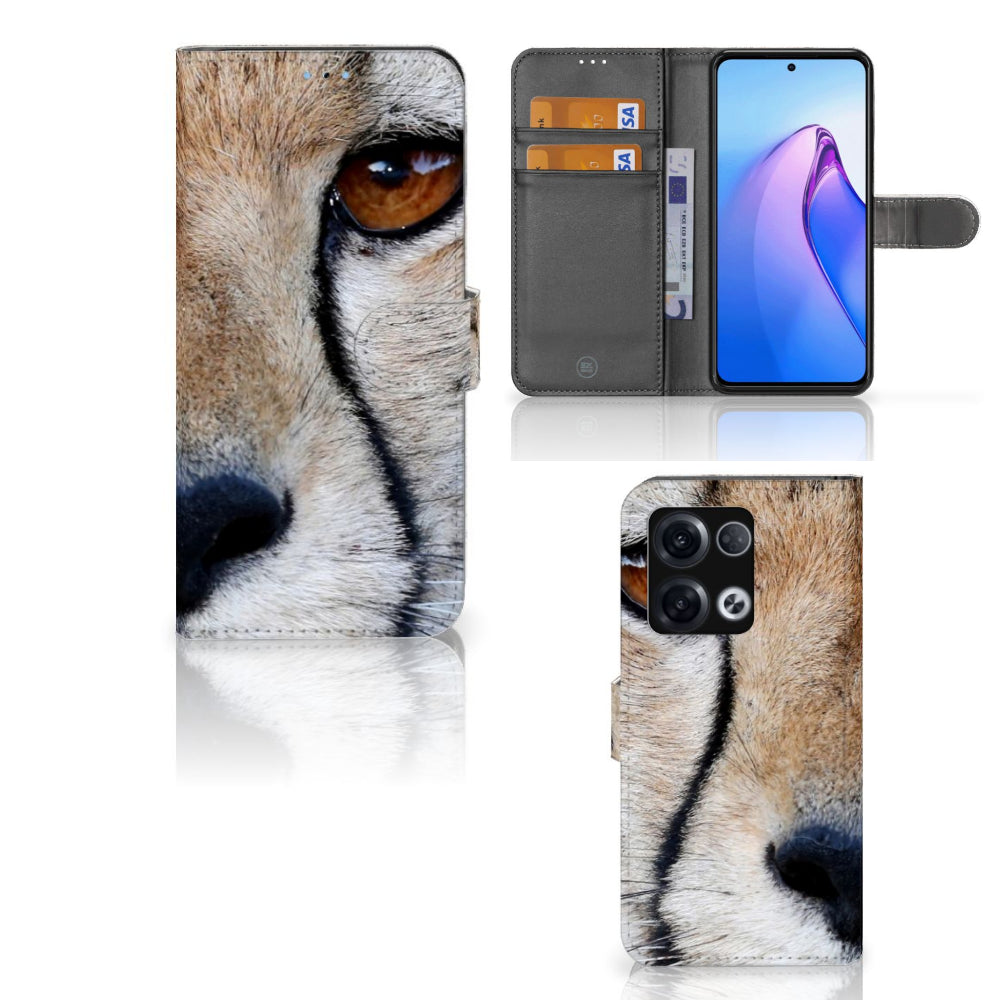OPPO Reno8 Pro Telefoonhoesje met Pasjes Cheetah met close-up van cheeta en ruimte voor 3 pasjes.