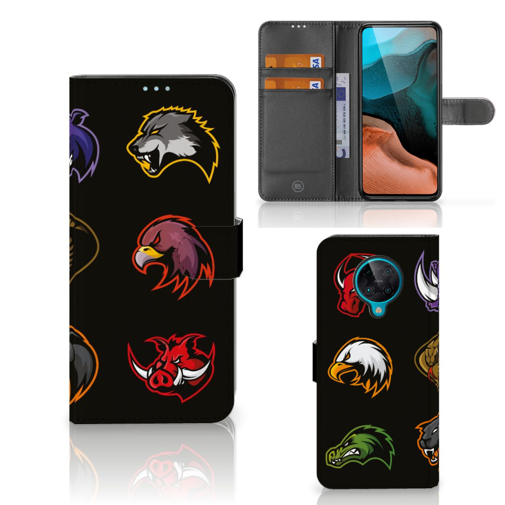 Xiaomi Poco F2 Pro Leuk Hoesje Cartoon met verschillende dieren cartoonontwerpen en een stijlvolle zwarte achtergrond.