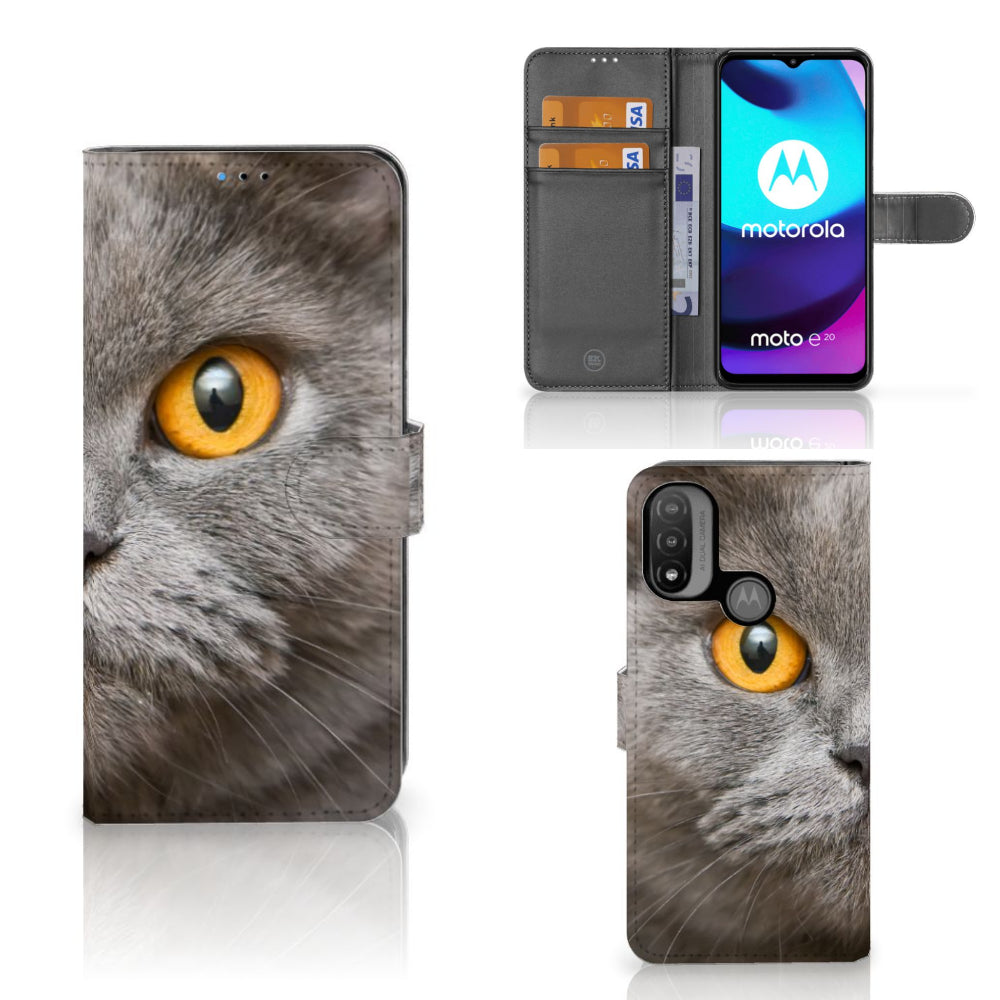 Telefoonhoesje met Pasjes Motorola Moto E20 | E30 | E40 Britse Korthaar met indrukwekkend kattenontwerp