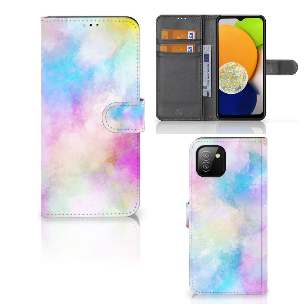 Hoesje Samsung Galaxy A03 Watercolor Light met unieke pastelkleuren en pasjeshouder.