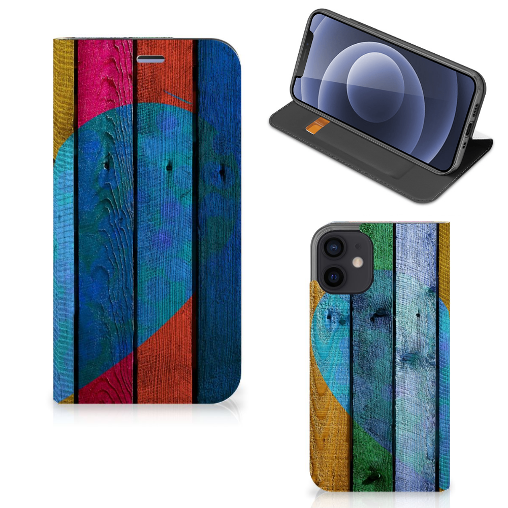 iPhone 12 Mini Book Wallet Case Wood Heart - Cadeau voor je Vriend - B2C Telecom