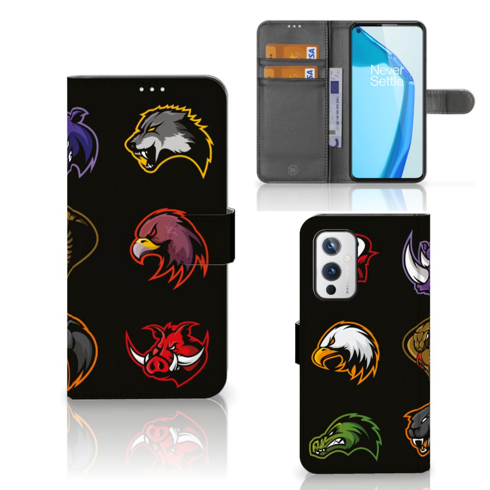 OnePlus 9 Leuk Hoesje Cartoon met cartoonbeesten op een zwart ontwerp.
