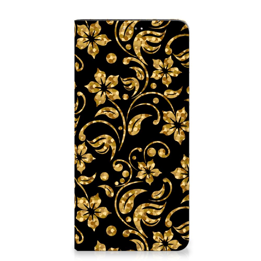 Samsung Galaxy A14 4G Smart Cover Gouden Bloemen met zwart en gouden bloemen patroon.
