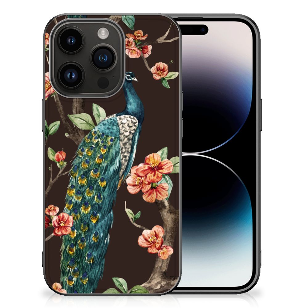 iPhone 15 Pro Dierenprint Telefoonhoesje Pauw met Bloemen