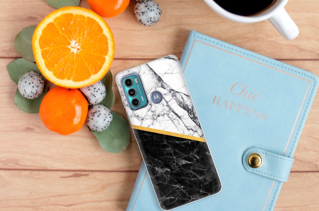 Motorola Moto G60 TPU Siliconen Hoesje Marmer Wit Zwart - Origineel Cadeau Man B2C Telecom