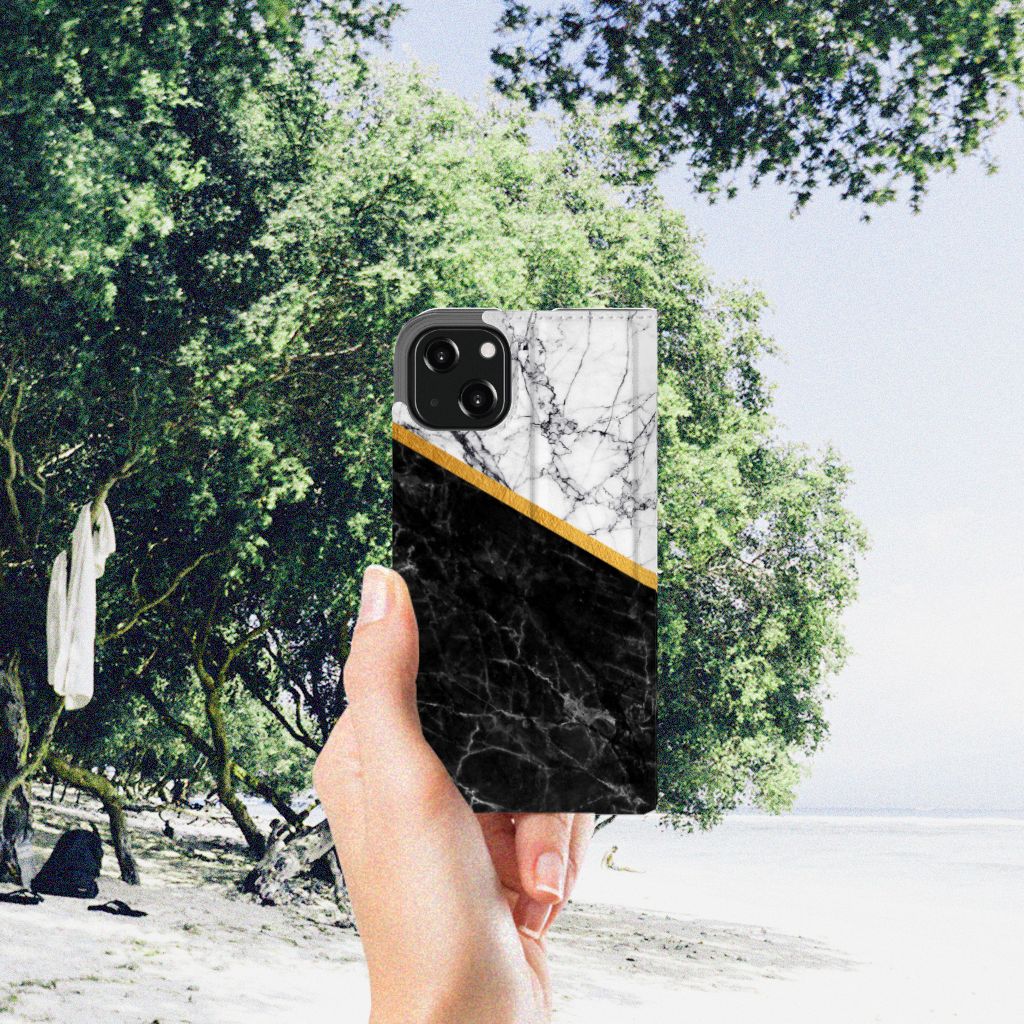 iPhone 13 Standcase Marmer Wit Zwart - Origineel Cadeau Man
