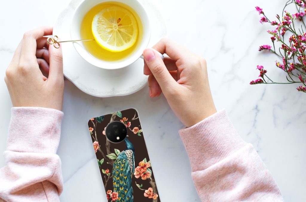 OnePlus 7T TPU Hoesje Pauw met Bloemen