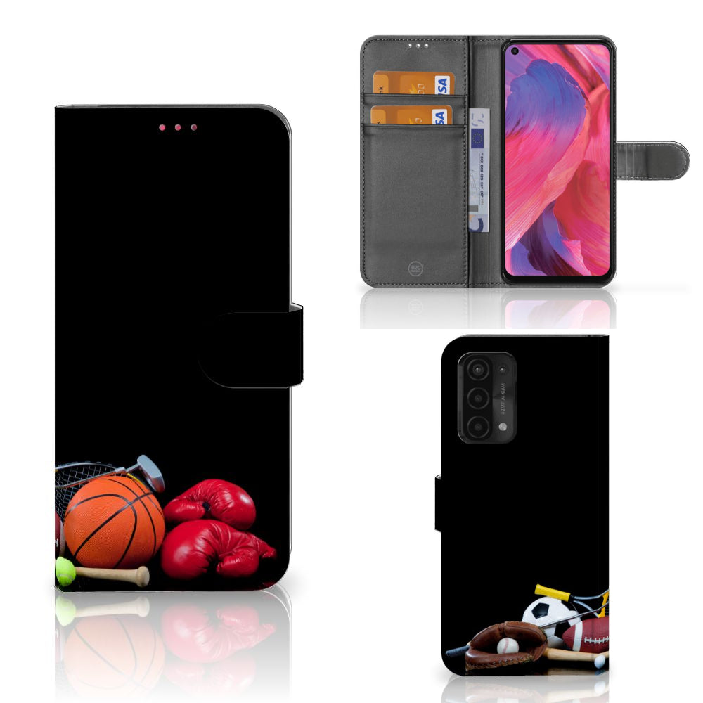 OPPO A54 5G | A74 5G | A93 5G Wallet Case met Pasjes Sports with various sports equipment images.