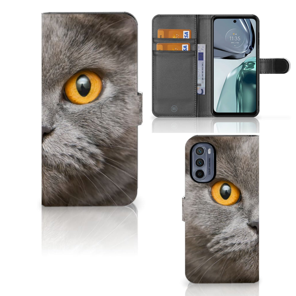 Telefoonhoesje met Pasjes Motorola Moto G62 5G Britse Korthaar met indrukwekkend kattenontwerp en magnetisch lipje