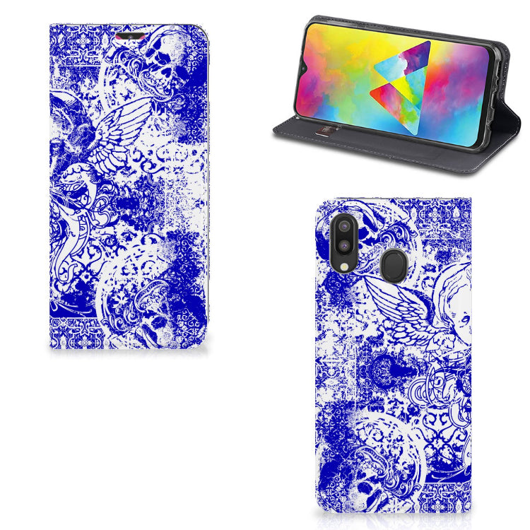 Mobiel BookCase Samsung Galaxy M20 Angel Skull Blauw