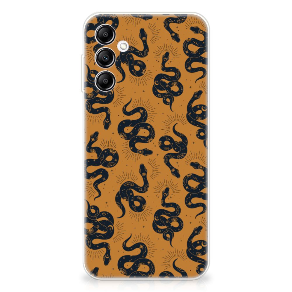 TPU Hoesje voor Samsung Galaxy A14 5G Snakes met zwart slangendesign op een bruine achtergrond.