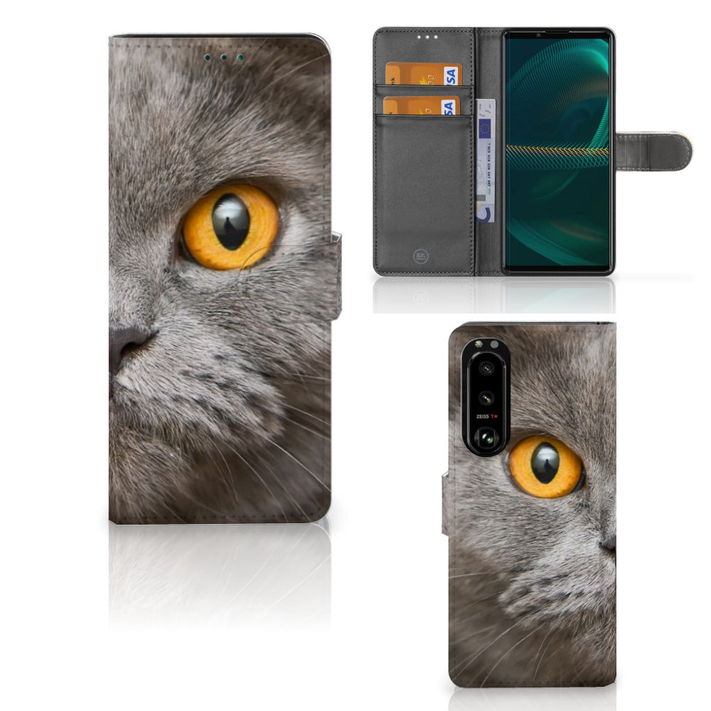 Telefoonhoesje met Pasjes Sony Xperia 5III Britse Korthaar met een grote, indrukwekkende gele ogen van een kat.