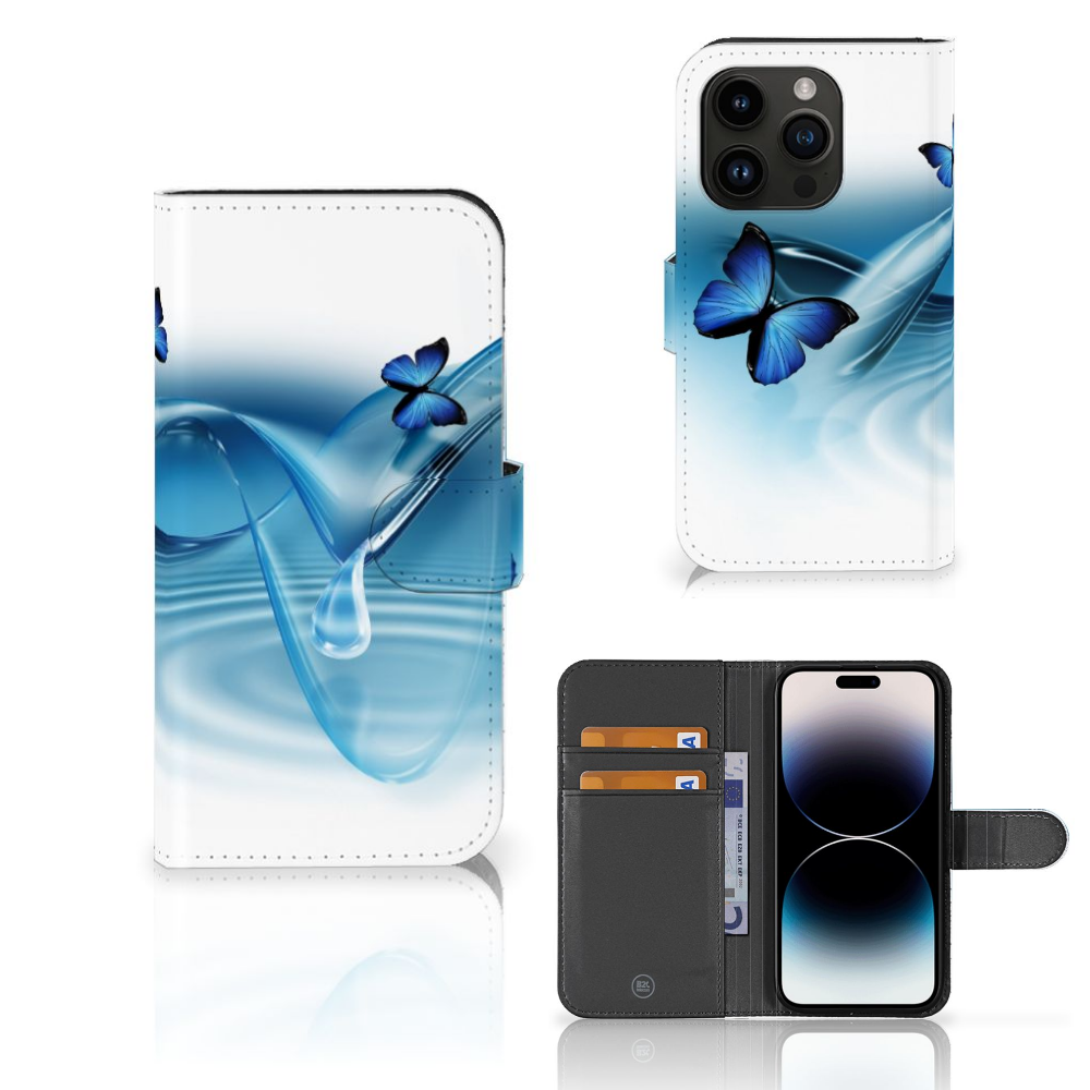 iPhone 15 Pro Telefoonhoesje met Pasjes Vlinders in een mooi ontwerp met blauwe vlinders en golven đ.