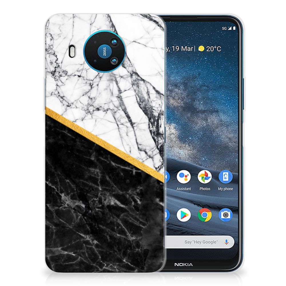 Nokia 8.3 TPU Siliconen Hoesje Marmer Wit Zwart - Origineel Cadeau Man