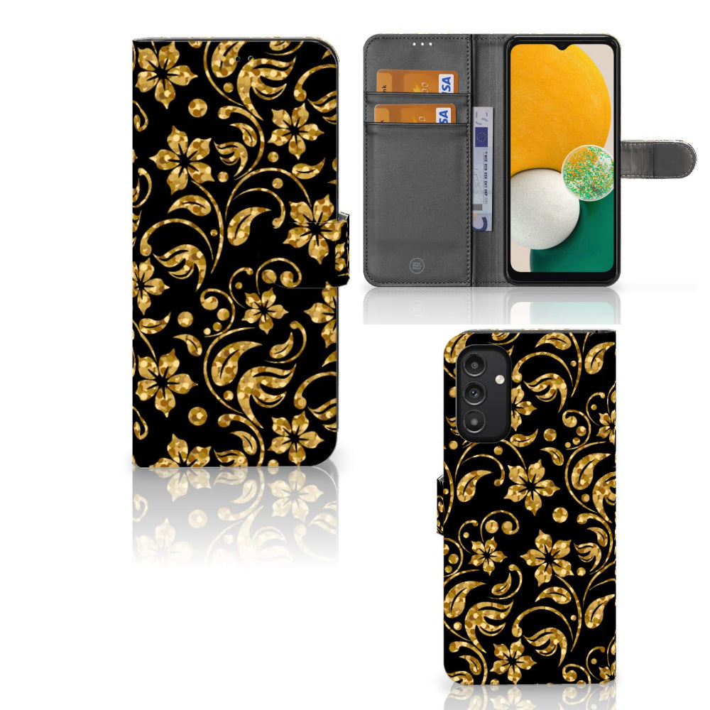 Samsung Galaxy A14 5G Hoesje Gouden Bloemen met gouden bloemen design en vakjes voor pasjes en geld.