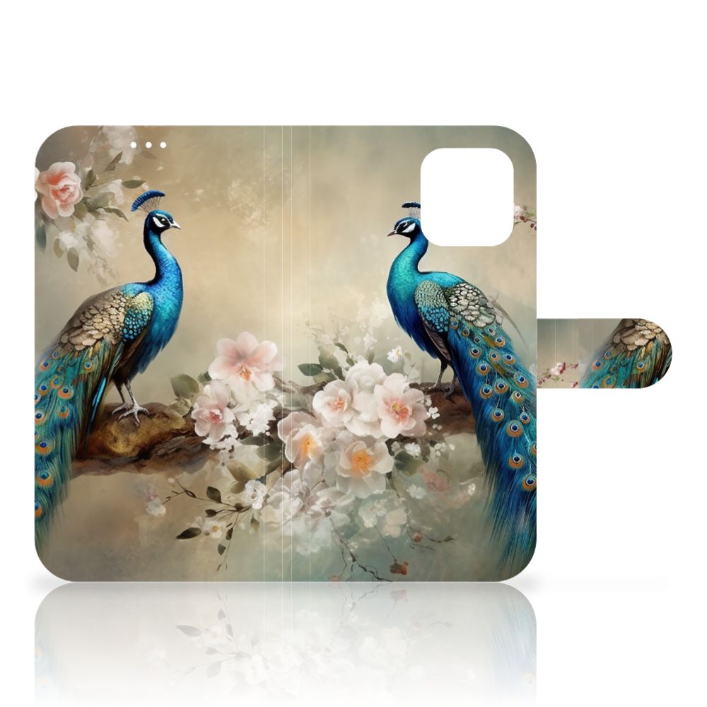 Telefoonhoesje met Pasjes voor Apple iPhone 12 Pro Max Vintage Pauwen met kleurrijke pauwen op een bloeiende achtergrond đ¸.