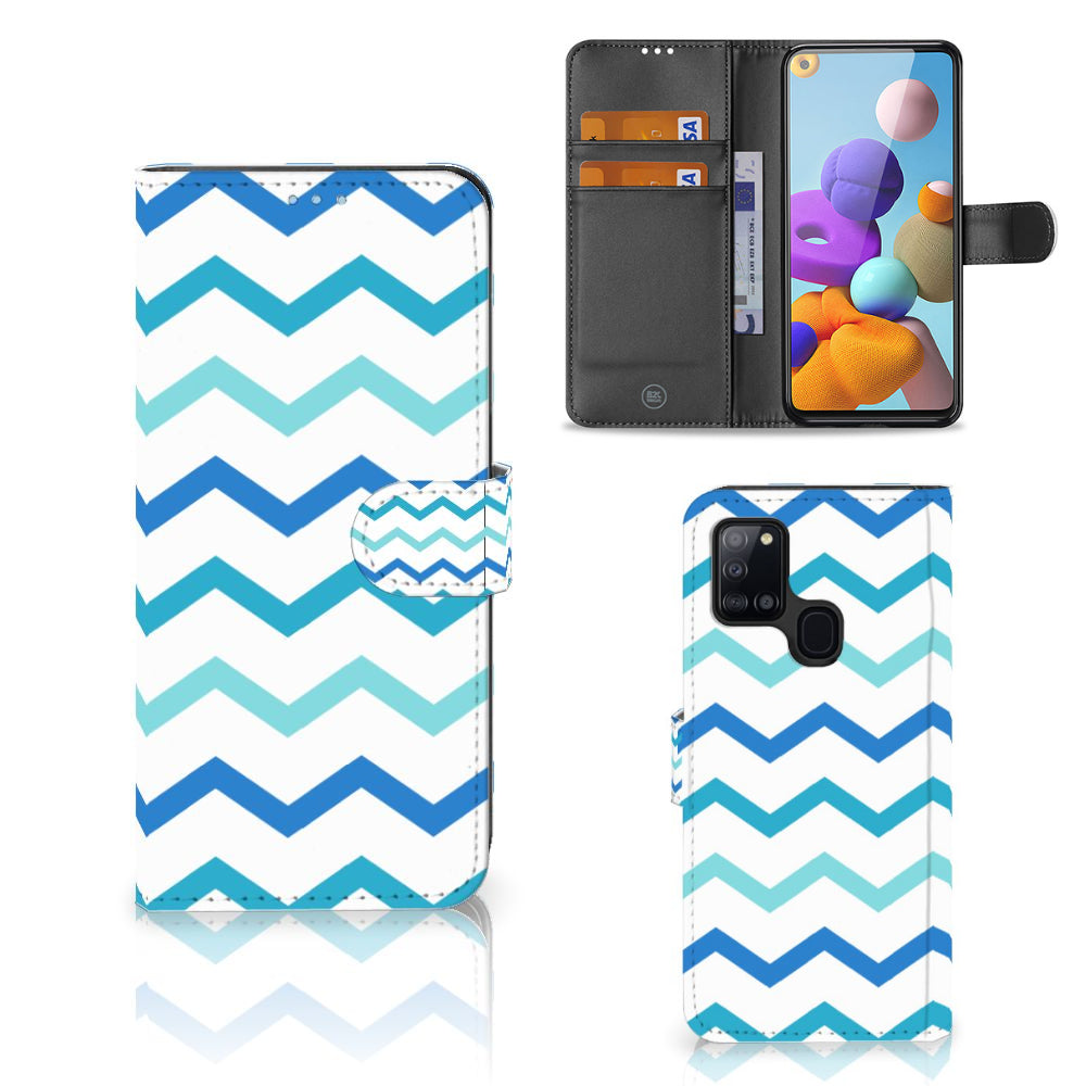 Samsung Galaxy A21s Telefoon Hoesje Zigzag Blauw