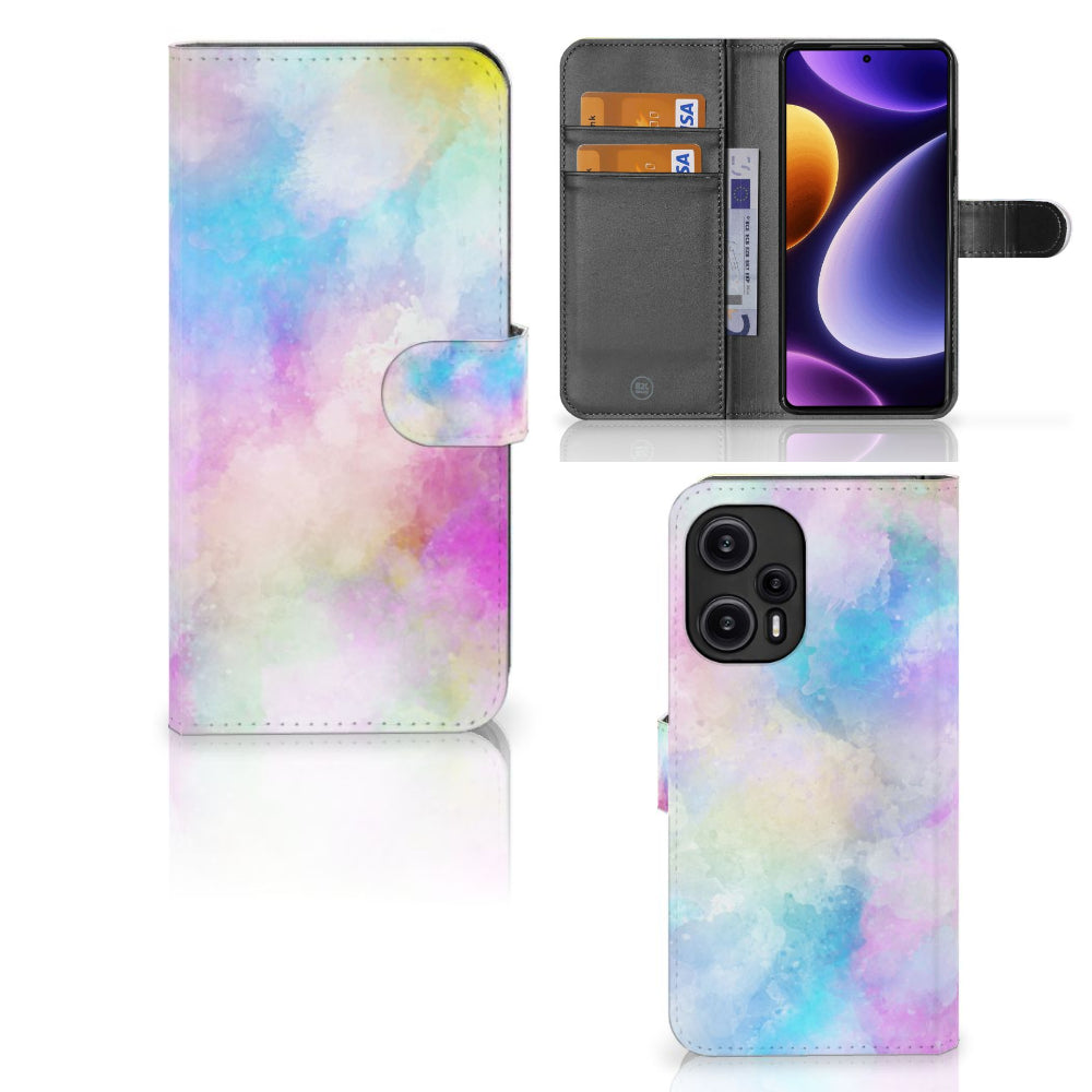 Hoesje Xiaomi Poco F5 Watercolor Light met pasjeshouder en kleurrijk watercolor design.
