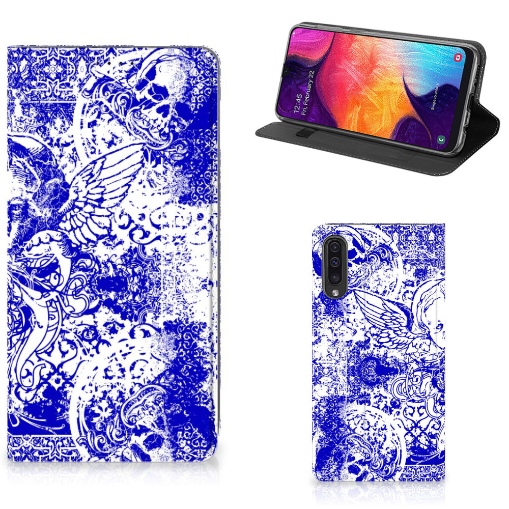 Mobiel BookCase Samsung Galaxy A50 Angel Skull Blauw