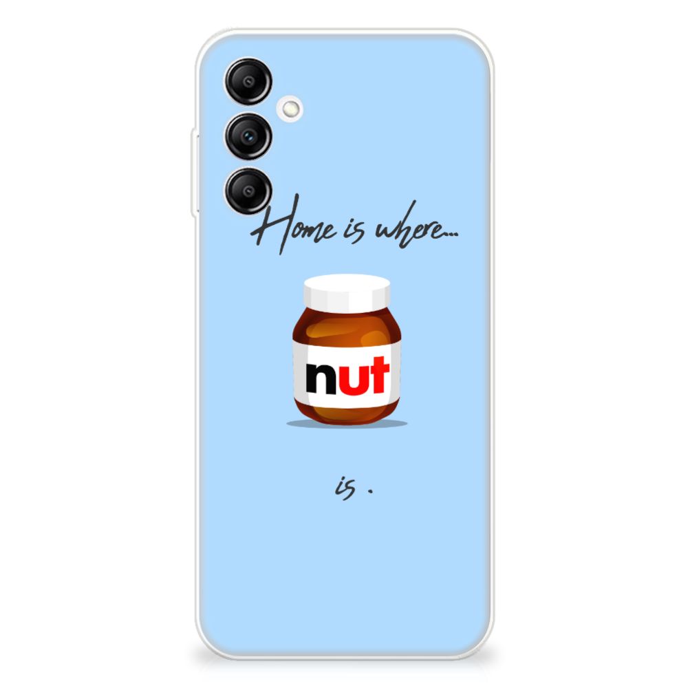 Samsung Galaxy A14 5G Siliconen Case Nut Home illustration with blue background and nut jar design.