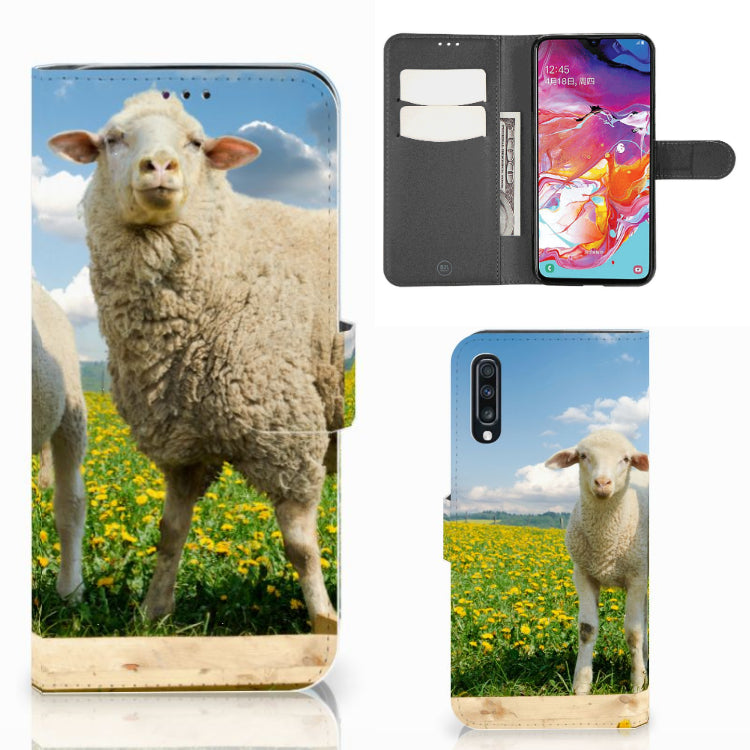 Samsung Galaxy A70 Telefoonhoesje met Pasjes Schaap en Lammetje