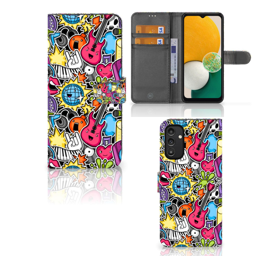 Samsung Galaxy A14 5G Wallet Case met Pasjes Punk Rock - kleurrijk en uniek design met gitaren en discoballen