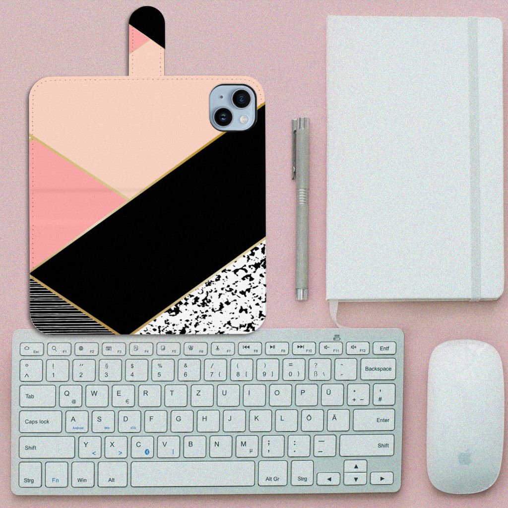 iPhone 15 Plus Book Case Zwart Roze Vormen met geometrisch design, zwart, roze en abstracte vormen.