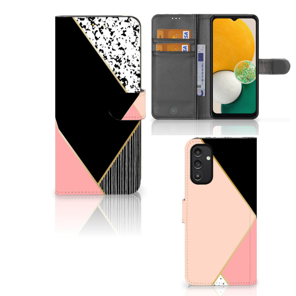Samsung Galaxy A14 5G Book Case Zwart Roze Vormen met geometrisch ontwerp en pasjeshouder