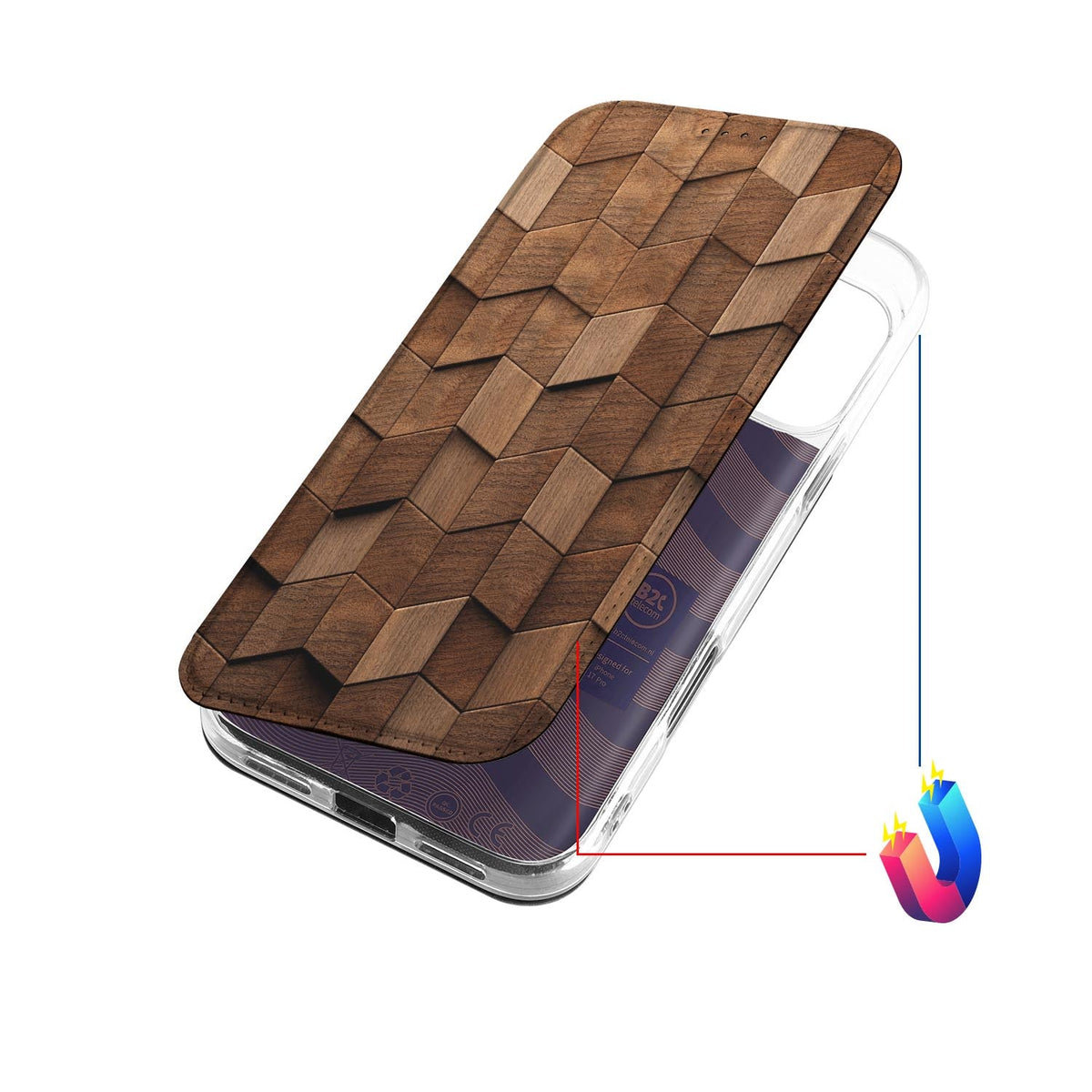 Apple iPhone 18 Pro Standcase Hoesje Wooden Cubes houten ontwerp aanzicht
