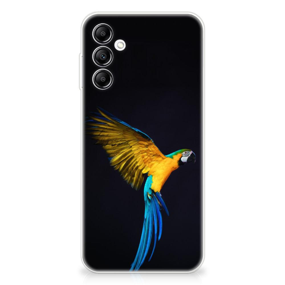 Samsung Galaxy A14 5G TPU Hoesje Papegaai met kleurrijke papegaai op zwarte achtergrond.