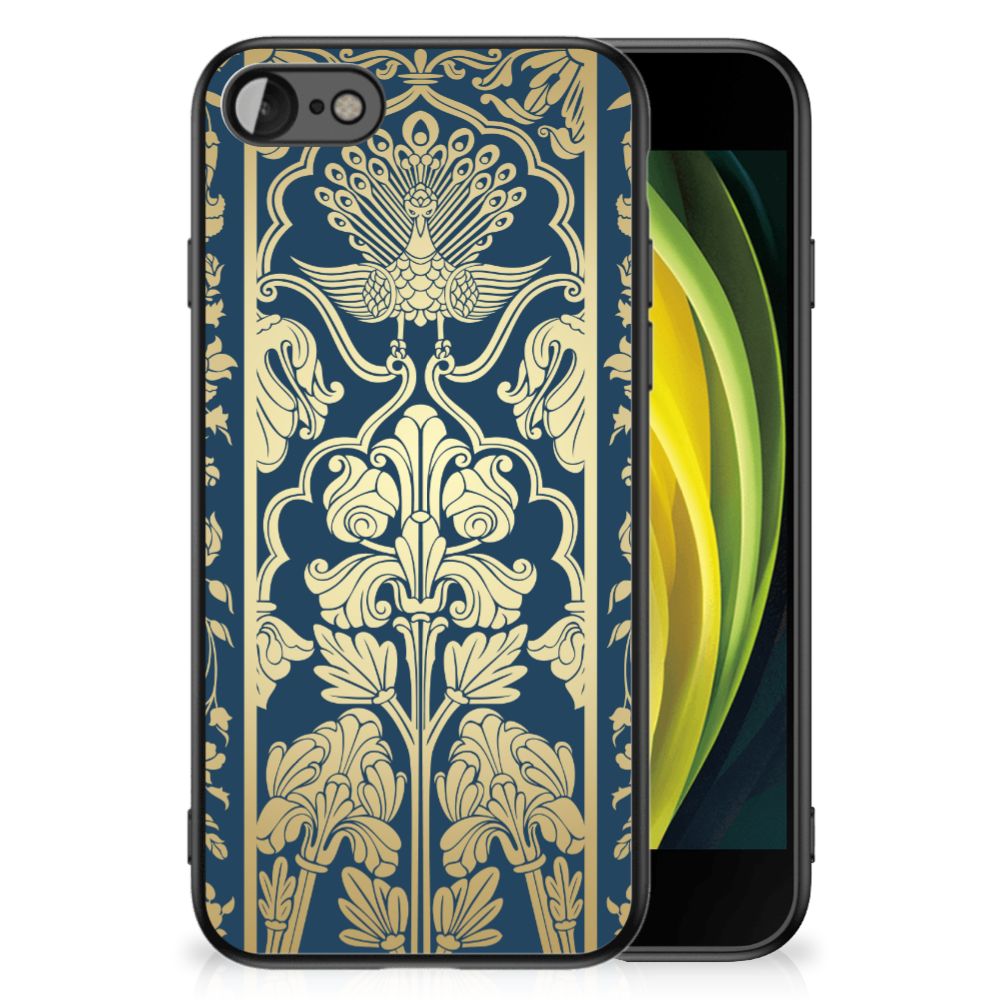iPhone SE 2022 | SE 2020 | 7/8 Bloemen Hoesje Beige Flowers met elegant bloemdesign in goud op een blauwe achtergrond.