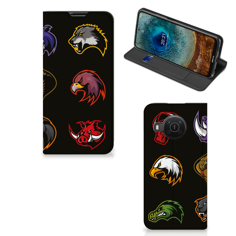 Nokia X20 | X10 Magnet Case Cartoon featuring various animal mascots on a black background.