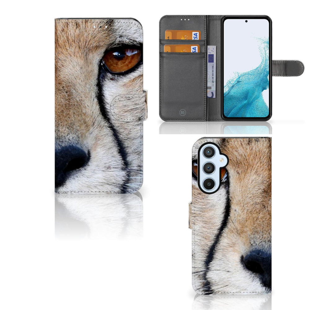 Samsung Galaxy A54 5G Telefoonhoesje met Pasjes Cheetah met close-up van een cheeta en pasjesruimte