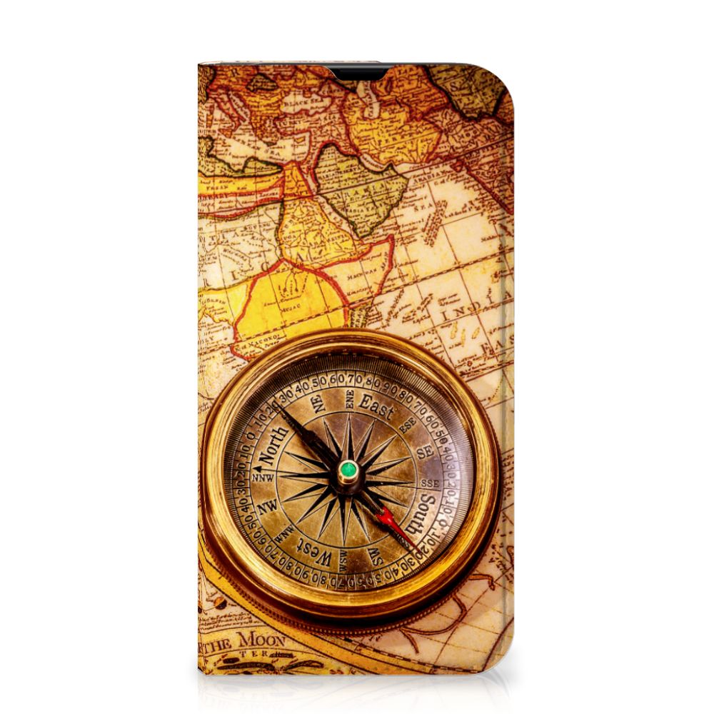 iPhone 13 Pro Book Cover Kompas met kompas design en wereldkaart achtergrond đ.