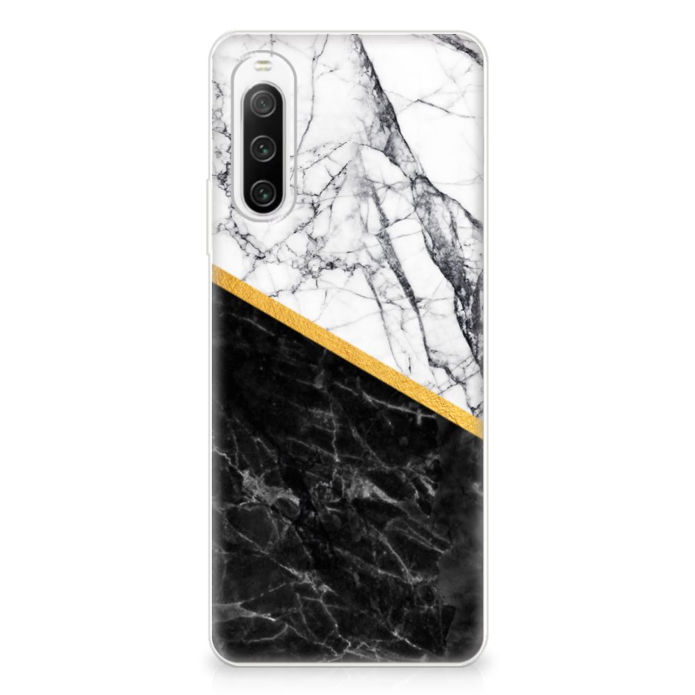 Sony Xperia 10 IV TPU Siliconen Hoesje Marmer Wit Zwart - Origineel Cadeau Man B2C Telecom