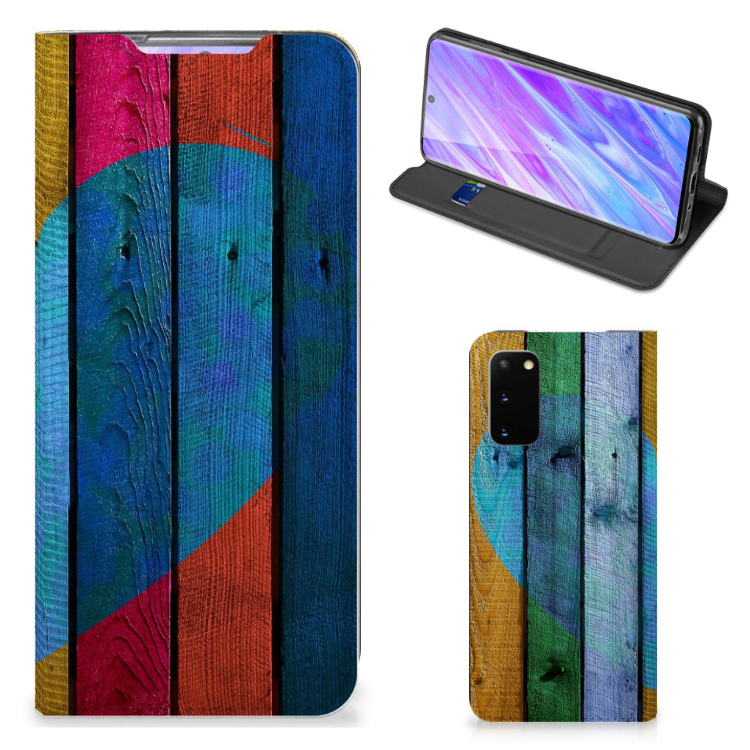 Samsung Galaxy S20 Book Wallet Case Wood Heart - Cadeau voor je Vriend - B2C Telecom