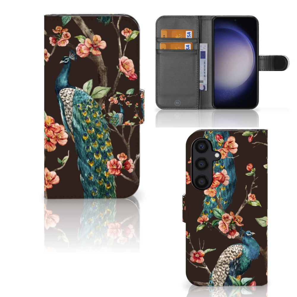 Samsung Galaxy S24 Telefoonhoesje met Pasjes Pauw met Bloemen
