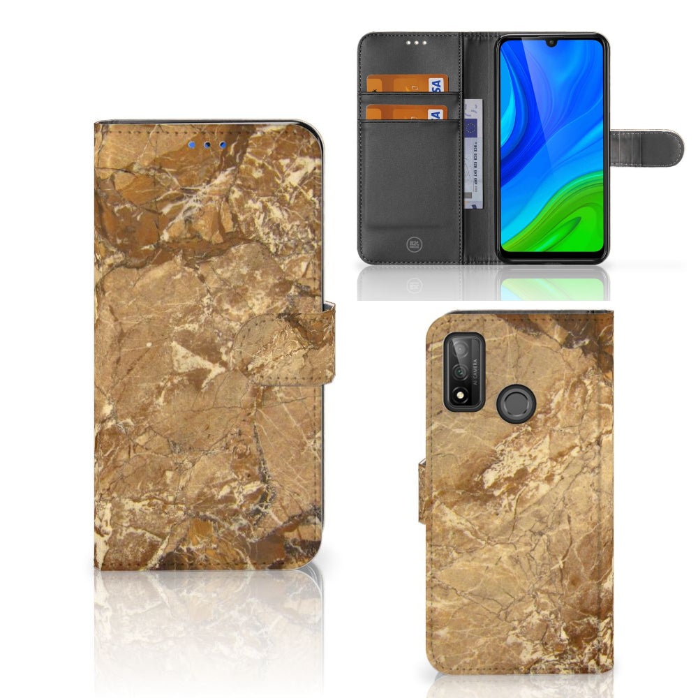 Huawei P Smart 2020 Bookcase Marmer Creme met luxe marmer design en opbergvakken voor pasjes.