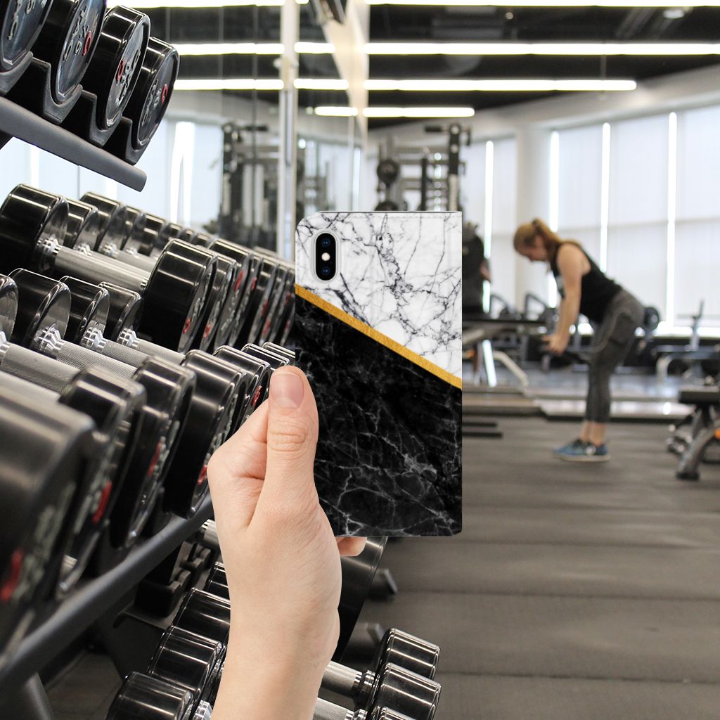 Apple iPhone Xs Max Standcase Marmer Wit Zwart - Origineel Cadeau Man