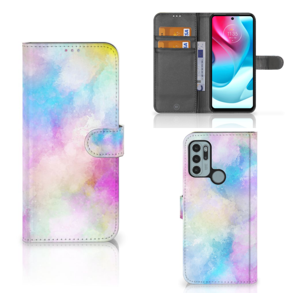 Hoesje Motorola Moto G60s Watercolor Light met kleurrijk pastel ontwerp en pasjeshouder.
